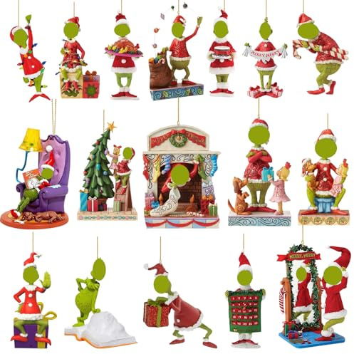 ZXTGBQ 17 Piezas Adorno Colgante para Árbol de Navidad, Divertidas Figuras de Adornos ArbolNavidad, Adornos para Árbol de Navidadd, Grin-ch Decoraciones de Navidadd, 2D Decoracion Navidad Hogar