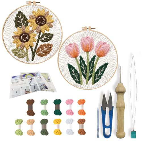 FREEBLOSS Set di 2 aghi fai da te con fiori, per principianti, girasoli, tulipani, punch, needle Starter set fai da te, con istruzioni per il ricamo per adulti, decorazione regalo