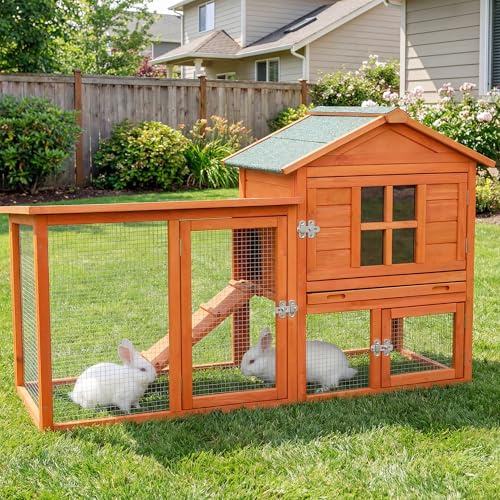 WHEGETED Large Outdoor Indoor Rabbit Hutch Wooden Bunny Rabbit Cage 2-Story with Run No-Leak Pull-Out Tray Waterproof Asphalt Roof Ramp for Guinea Pig Small Animal Wood Pet House Home Orange