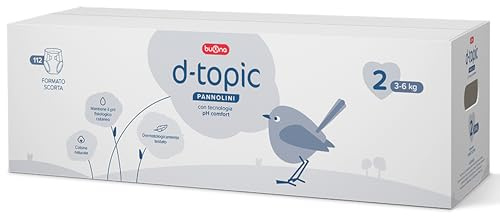 Buona Pannolini Taglia 2, 3-6 kg Formato Scorta con Tecnologia pH Comfort e Amido di Riso Azione Lenitiva, Pannolini D Topic Antifughe, Superassorbenti, Regola pH per Pelli Sensibili