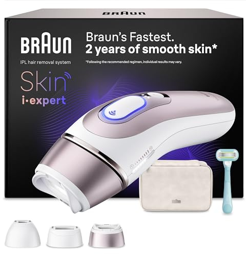 Braun Epilateur Lumiere Pulsee Intelligent Skin i·expert PL7311, Blanc et Bronze – Alternative au Laser à Domicile, Filaire, avec Pochette, Rasoir Gillette Venus, 3 Têtes, Connecté à L’Application