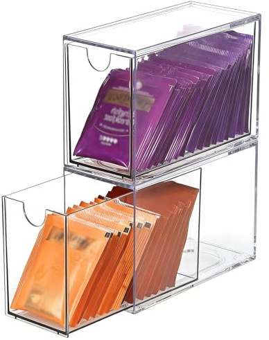 2er Set Acryl Aufbewahrungsboxen mit Schubladen-Teebeutel Organizer 16,5 x 7,6 x 10 cm Teebeutel Aufbewahrung Schubladenboxen für Küche, Büro, Kaffeekapseln, Zucker, Schmuck, Kosmetik, Schreibwaren