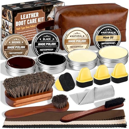 Endhokn Kit Entretien Chaussure Cuir 18PC, Cirages et Produits d'entretien Chaussures Huile de Vison, Neutre/Noir/Marron Cire à Chaussures, Brosses en Crin de Cheval, Kit Cirage Chaussure Cuir