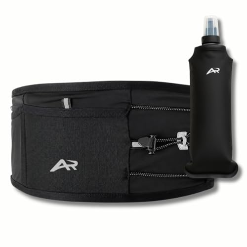 AeroRun® Running Belt with Water Bottle 300 ml - Running Bag Jogging for Men and Women - Mobile Phone Case Jogging up to iPhone Pro Max - 360° Anti-Bounce - Includes Start Number Strap, black, XS-S