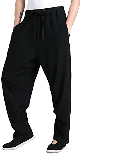 ZooBoo Men's Martial Arts Pants Kung Fu Linen Trousers Tang Suit Pants (XXL, Black)