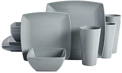 Gibson Home Soho Grayson - Vajilla cuadrada de melamina, servicio para cuatro (16 piezas), color gris