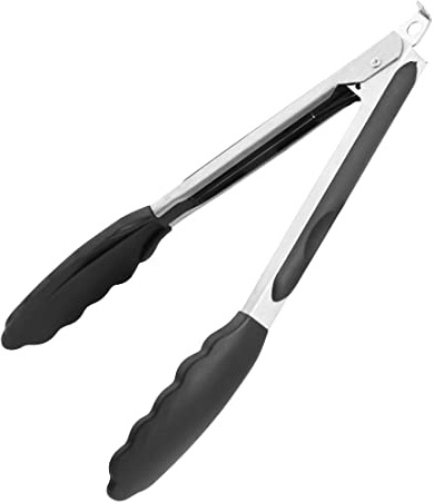 Vogue Heavy Duty Stainless Steel Kitchen Silicone Tip Tongs 230mm - Strong Grip, Heat Resistant Tip and Lock CS770