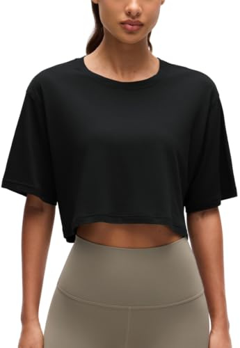 CRZ YOGA Pima bomull höghalsad kort t-shirt | Träning, naturligt mjuka, lös passform, kortärmade toppar för kvinnor