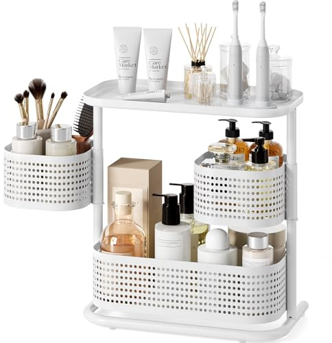 KINGRACK 3-Tier Rotating Bathroom Organizer, Countertop Vanity Tray, Spice Rack Storage, Easy to Assembly Space-Saving Organizer for Bathroom, Kitchen, Laundry Room, White