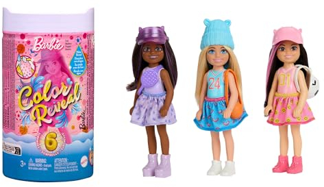 Barbie Chelsea Color Reveal - Puppensortiment in der Sporty Serie mit 6 Überraschungen, warmes Wasser färbt das Oberteil pink, Teamnummern auf dem Sporttop, für Kinder ab 3 Jahren, HKT85