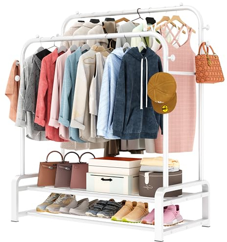 SMILOVII Heavy Duty Clothes Rail, Double Rails Garment Rack, Metal Clothes Rack, 2-Tier Shoe Rack and 8 Hanging Hooks, Free Standing Hanging Storage Shelf for Bedroom-White
