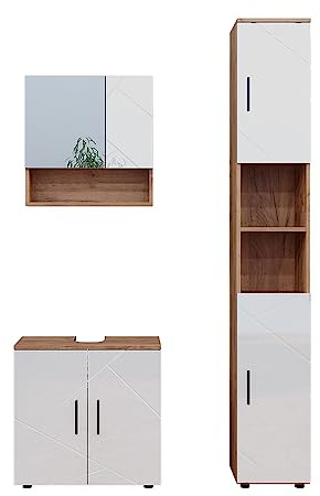 Vicco Meubles Bain Irma, Blanc Brillant/Chêne doré, 80 cm, composé d’Un Meuble sous-lavabo, d’Une Armoire Miroir et d’Une Colonne de Rangement