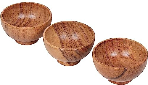 WEBHUSHI Lot de 3 petits bols en bois d'acacia 118,3 ml | 8,3 x 5,1 cm | Tasses de cuisine en bois sculpté à la main pour servir des sauces, des noix, des bonbons et des condiments | Jolies mini
