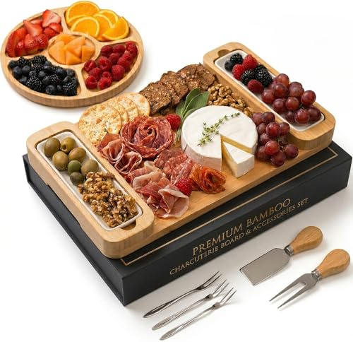 Charcuterie Boards Gift Set - Large Bamboo Cheese Board with Serving Tray, Knives and Bowls for Meat, Cheese and Crackers, for Mom, Housewarming, Wedding, Birthday Gifts for Women
