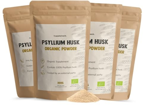 Cupplement Bucce di semi di psillio (Psyllium Husk) in polvere biologica Kombideal 4 x 300 g, integratore alimentare in fibra di semi di psillo, capsule di semi di psillo, salute intestinale, vegano