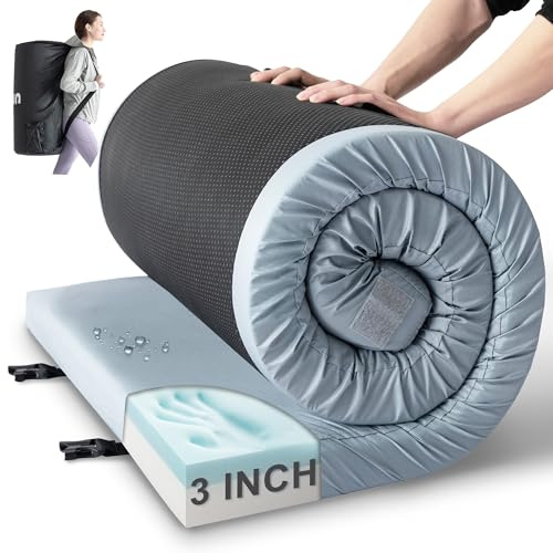 Kingfun 3 Inch CertiPUR-US Memory Foam Camping Mattress, Waterproof Roll up Sleeping Pad, Thick Floor Sleeping Mats for Tent with Removable Travel Bag (Single 75 x 30 x 3 inch, Light Blue)