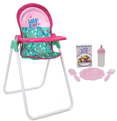Baby Alive: Doll Highchair Set - Green, Pink, Hearts - for Dolls Up to 24, 5 Matching Feeding Accessories, Rotating Seat, Folding, Kids Toy Ages 3+