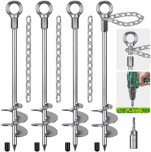 Insaga Tent Peg, 45cm Heavy Duty Ground Anchor Large Metal Earth Stake Spiral Blade Screw in Trampolines Spike for Swing Set/Camping/Shed/Dog/Carport with 37cm Fixed Chain, 4 Pack