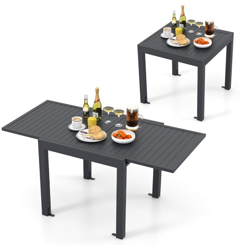 COSTWAY Gartentisch Aluminium ausziehbar, 80/160x80cm, Esstisch wetterfest, rechteckiger Terrassentisch mit Lattentischplatte für 4-6 Personen, Ausziehtisch für Garten, Terrasse