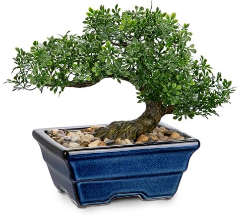Oairse Artificial Bonsai Tree Juniper Faux Plants Indoor Small Fake Plants Decor with Blue Ceramic Pots for Home Table Office Desk Bathroom Shelf Bedroom Living Room Farmhouse Decorations