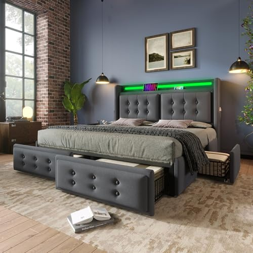 Merax Polsterbett 180x200cm Doppelbett Bettrahmen mit 4 Schubladen, Stauraumbett mit LED-Kopfteil und USB C Ladefunktion, Gepolstertes Bett mit Lattenrost aus Holz, Baumwolle, Ohne Matratze, Grau