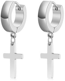 Silver Hoop Earrings for Men Boys, Vintage Stainless Steel Cross Drop Dangle Hoop Earrings Hypoallergenic Cartilage Earrings Jewellery Gifts for Graduation Easter Christmas