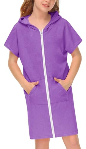 BesserBay barn badponcho huva poncho handduk frotté med fickor 120–150, lila, 140