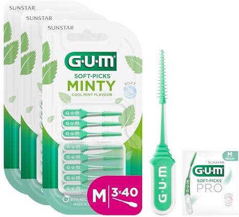 GUM SOFT-PICKS MINTY Scovolini in gomma al fresco sapore di menta | Pulizia dei denti e rimozione della placca | Misura M | Multipack 3x40 (con 1 campione omaggio)
