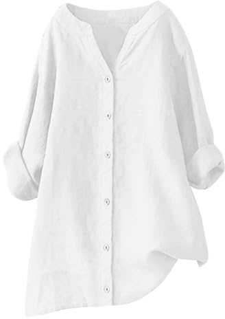 Camicia Donna Lino Manica Lunga Camicie Elegante con Bottoni Cotone Camicia da Lavoro Casual Tinta Unita Blusa Shirt Oversize Tops Curvy Camicetta da Spiaggia Estiva Donna Abbigliamento Saldi