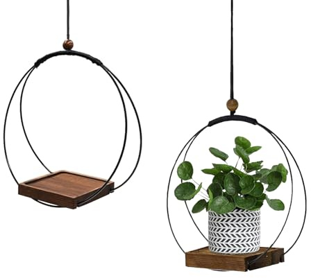 Wenrou 2 Pièces Pot Suspendu Plante Interieur Exterieur, Pots De Fleurs Suspendus Décoratifs, Boho Moderne Suspension Plante Intérieure, Palette en Bois 5, avec Crochets