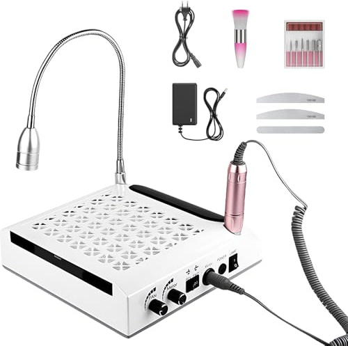 Fresa de uñas eléctrica profesional 4 en 1, kit de manicura y pedicura con aspiración de 80 W y filtro lavable – 30.000 RPM profesional cortaúñas con lámpara LED para pedicura y manicura