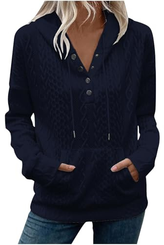 KUIH Hoodies for Women UK Drawstring Hooded Jumper Pullover Button V Neck Long Sleeve Sweatshirt Cable Tunic Sweater Ladies Fleece Sweatshirt Autumn Winter Top Basic Sweaters Women Thermal Tops