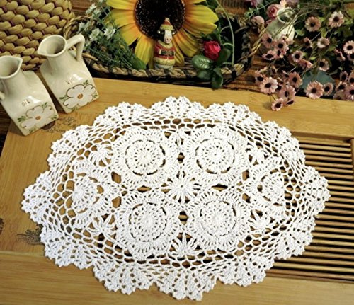 Phantomon Handmade Crochet Cotton Lace Placemats Doilies Cloth Crochet Coasters, Pack of 4, Oval Shape, White, 12 x 17 inch (White)