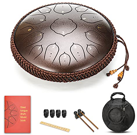 Amkoskr Stahlzungentrommel, 14 Zoll 35 cm Steel Tongue Drum, D-Dur 15 Noten, Handtrommel HandPan Drum mit Drumsticks/Tragetasche(Bronze)
