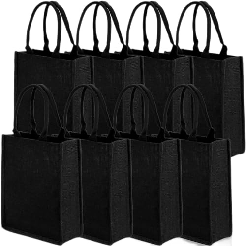 DEAYOU 8 Pack Burlap Tote Bag with Handle, Reusable Jute Gift Bags, Small Beach Tote Laminated Interior, Lined Grocery Shopping Bag for Bridesmaid, DIY, Wedding, 9.8''x11.8''x3.9'', Black