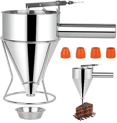 lalago Teigspender Teigportionierer,Pfannkuchen Teigspender Edelstahl,Trichter Kuchenspender Teig Portionier mit Ständer und 4X Trichtern,für Waffeln, Muffin-Mix Bäckerei （1200ml）