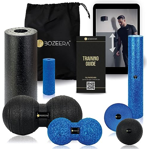 BOZEERA | Faszienball Set, Faszienrollen Set | 3X Faszienrolle mini klein groß, 2X Faszien Duoball, 2X Faszienball | Faszienrolle Rücken Wirbelsäule Füße usw| Inkl. Video-Anleitung, Poster & Tasche