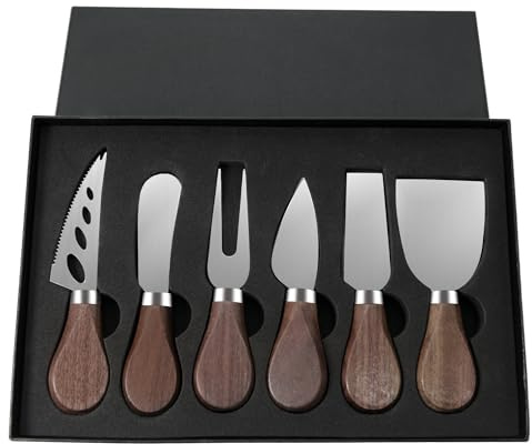YJNSFT Cheese Knife Set, 6 Pcs Charcuterie Board Accessories - Cheese Knife, Spreader, Fork, Slicer, Cheese Cutter, Butter Knife, Stainless Steel Cheese Knives for Housewarming Gift (Walnut Handle)