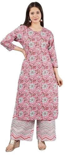 KULIA® Ensemble Kurtis Plazzo Traditionnel Tenue Indienne Robe Traditionnelle Bollywood Tenue De Soirée Designer Kurtis Ensemble Vêtements Indiens Robe Décontractée Imprimé Travail Tissu Coton