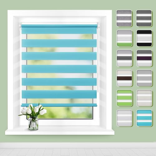 Doppelrollo Klemmfix ohne Bohren B80 x H140cm(Stoffbreite 76cm) Türkis, Rollos für Fenster, Rollo ohne Bohren mit Lichtdurchlässig und Verdunkelnd/Höhe Stufenlos Verstellbar/Kindersicherung