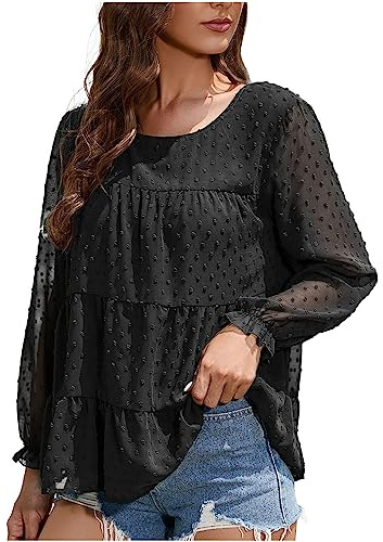 Keepink Womens Tops Lantern Long Sleeve Round Neck Shirts Solid Color Swiss Dot Chiffon Blouse Elegant Dressy Tunic Shirt Ruffled Loose Casual T Shirt Work Party Top Fall Pullover