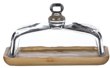 Crevyteg Wooden Butter Dish with Glass Lid, Clear Butter Cheese Cake Tray, Glass Butter Dish Wooden Cake Display Tray Rectangle Wood Cake Plate Dish for Dessert Candy Serving Tray - Bamboo