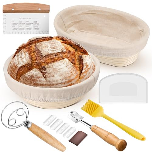HaWare Gärkörbchen, Gärkorb Brot Set (25cm Oval & 23cm Rund) mit Futter, Bäckermesser, Dänischer Schneebesen, Teigschaber, Sauerteig Brotkorb Backen Zubehör Set für Heim- und Professionelle Bäcker