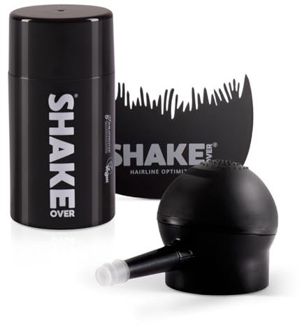 SHAKE OVER Stylingset Veganes Streuhaar zur Haarverdichtung, mit Zink angereicherte Fasern, hochwertiges Schütthaar, Made in Europe (12 g, DARK BROWN, Spray Applicator und Hairline Optimizer)