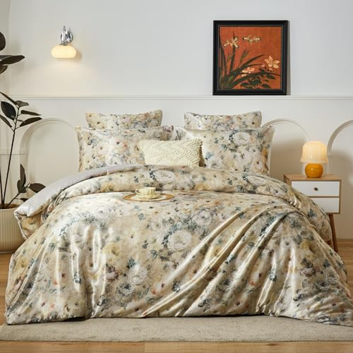 YASMENG Funda nórdica de satén 240x260 Beige con motivo floral brillante Deluxe Juego de cama de satén suave sedoso de seda ropa de cama para 2 personas adulto con cierre de cremallera con fundas de