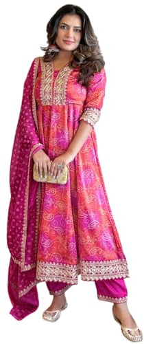 The Red Lion Enterprise Women's Long Anarkali Gown with Embroidered Dupatta Perfect for Weddings & Festive wear, Pink, S