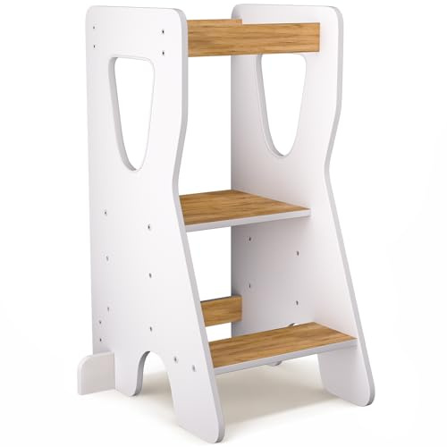 COSYLAND Torre Montessoriana Bambini - Torretta Montessoriana in Legno Naturale - 3 Altezze Regolabili per Crescere con il Bambino - Perfetta da 18 Mesi a 6 Anni (Bianco e Naturale)