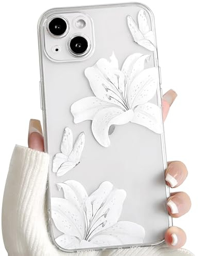 NITITOP pour iPhone 13 Coque Mignonne Transparente avec Fleur de Lys Floral et Papillon Motif pour Femme Fille Pleine Protection de l'Objectif Mince et Antichoc Housse - Blanc