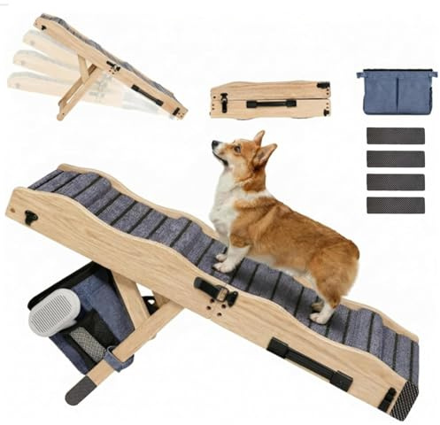 2026 Upgraded Dog Ramp for Couch & Low Bed, 33 L Folding Wood Pet Ramp 200LB Capacity, 4-Level Adjustable Height 11-20, Non-Slip Sturdy Puppy Ramp for Small & Senior Dogs, Joint Relief, Wavy Design