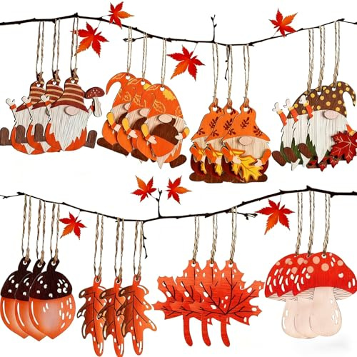 XJLyaya 24 Pièces Decoration Automne, Decoration Automne en Bois, Décoration Pendentif d'automne, Livré avec Gnomes, Feuilles D'érable, Champignons, Pommes de Pin, Ficelle, Adapté Cuisine, Cheminée